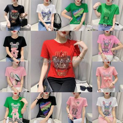 China Wholesale Cheap Fashion Women's Hot Drill T-shirt Cotton Cartoon Short Sleeve T-shirt Anti-Shrink for sale