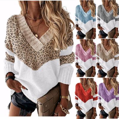 China European striped knitted sweater Color-blocking leopard print autumn and winter new and American V-neck fashion sweater for sale