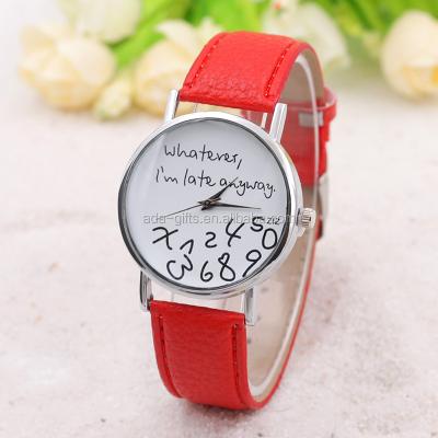 China Funny Auto Date Wristwatch PU Leather Whatever I'm Late Anyway Watches For Lovers for sale