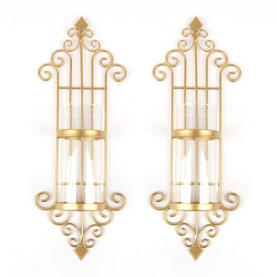 China Home Wholesale High Quality Iron Candle Holders Gold Cylinder Wall Candle Holder Glass Candle Holder Set of 2 for sale