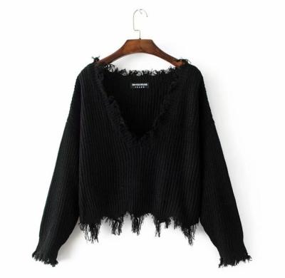 China Anti Wrinkle New Arrivals Fall Oversized Distressed V-Neck Retro Long Sleeve Ripped Knitted Women's Chic Sweater for sale