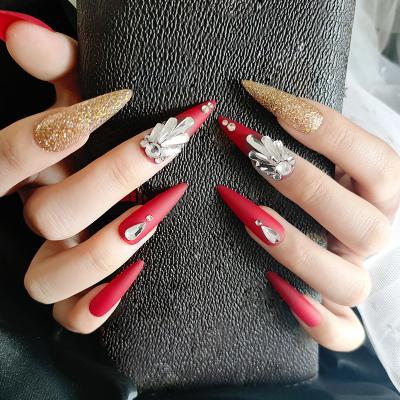 China Long Lasting Tip Wine Red Glitter Powder Inlaid With False Nail Patch Manicure Piece Wearing Finished Product for sale