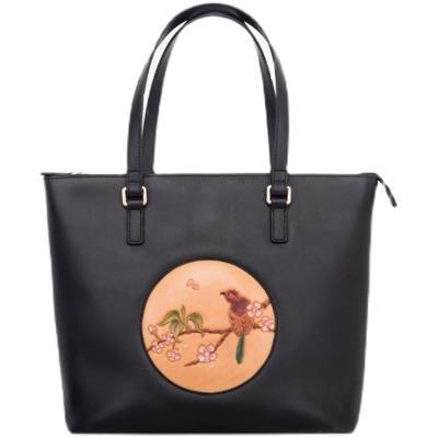 China Big capacity china professional genuine leather  black TOTE bag  with tooling leather craft  for women for sale