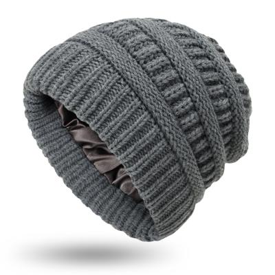 China Custom JOINT JOINT winter beanies satin striped warm thick soft knit hats for women for sale