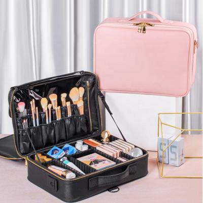 China With Removable Shoulder Strap And Dividers Cosmetic Bag New 3 Layer Black Makeup Train Case Makeup Bag Organizer Removable Shoulder Strap Cosmetic Bag With for sale