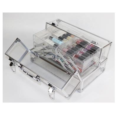 China Transparent Acrylic Makeup Train Case Glue Tray For Eyelashes Maleta De Maquiagem Aluminum Make Up Cases for sale