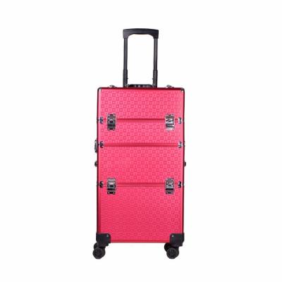 China Professional Artist Aluminum Rolling Detachable Detachable Cosmetic Organizer Box Makeup Train Case with 360 Degree Wheels for sale