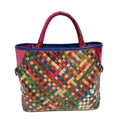 China Lady New Fashion High Quality Custom Made Sheep Leather Stripe Woven Colorful Woven Tote Ladies Hand Bags for sale