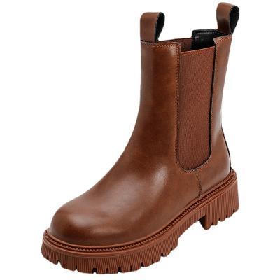 China Women's Unique Leather Ankle Chunky Booties PU Rain Shoes Work Chelsea Boot Woman Custom Wooden High Top Luxury Waterproof Wholesale Heel for sale