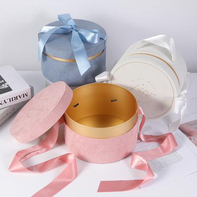 China Custom Recycled Logo Suede Gold Linen Flower Velvet Materials Round Luxury Gift Boxes Packaging Boxes For Wedding With Ribbon for sale