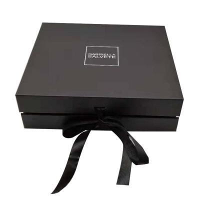 China Recycled Custom Materials Logo Luxury Clothing Packaging Boxes Foldable Black Magnetic Gift Box With Ribbon for sale