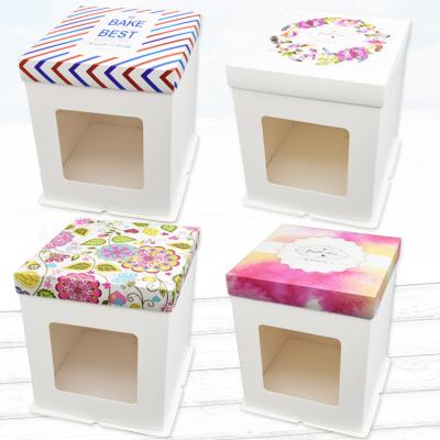 China Recycled Materials Designed Printed Paper Birthday Cake Boxes Double-Layer Stepped Foldable Window Packaging Wedding Cake Box for sale