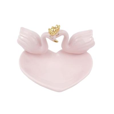 China Carton 2019 New Style Small Pink Swan Animal Heart Shape Ceramic Jewelry Dish Tray Ring Holder for sale