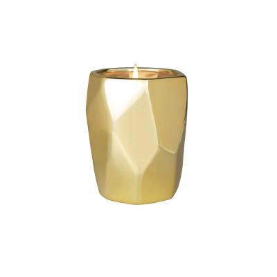 China European style custom small luxury pink cylinder single glow geometric gold plated candle vessel ceramic jar for home decor for sale