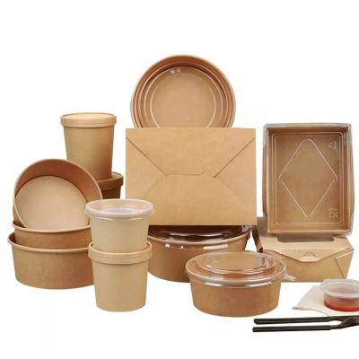 China Disposable Custom Printed Kraft Paper Food Packaging Take Away Salad Bowl Soup Bowl Coffee Cup With Paper Straws for sale