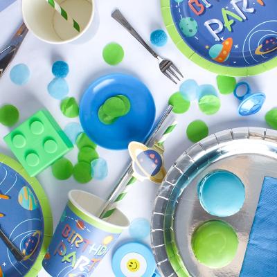 China Paper Cups Set Straw Hat Bag Cake Box Universe Blue Universe Birthday Party Supplies Paper Plate For Kids for sale