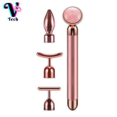 China Face Lift 4 in 1 Detachable Vibrating Anti Aging Facial Energy Bar for Face Roller Jade Rose Quartz for sale