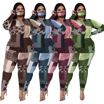 China Plus Size 2021 Fashion Printed Round Neck Long Sleeve Plus Size Ladies Casual Suit Basing Home Service for sale