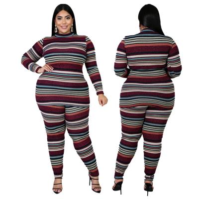 China Plus Size Autumn And Winter High-Necked Striped Printed Home Clothing Ladies Plus Size Sports And Leisure Suit for sale