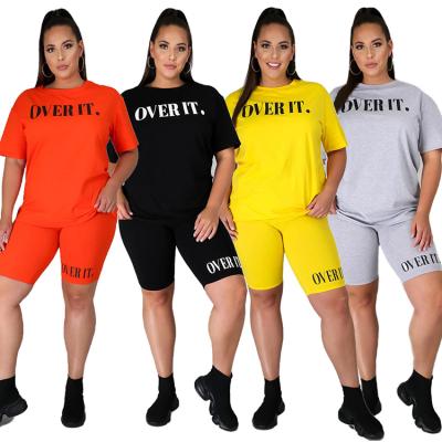 China Offset Printing Fashion Size Solid Color Plus Letter Round Neck Short Sleeve Shorts Ladies Sports Casual Suit for sale