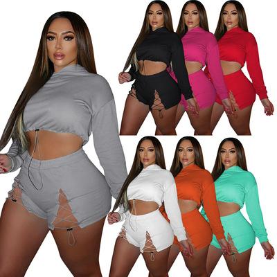 China Polyester/cotton 2021 new ladies fashion loungewear hoodie and shorts suit fitness two-piece suit for sale