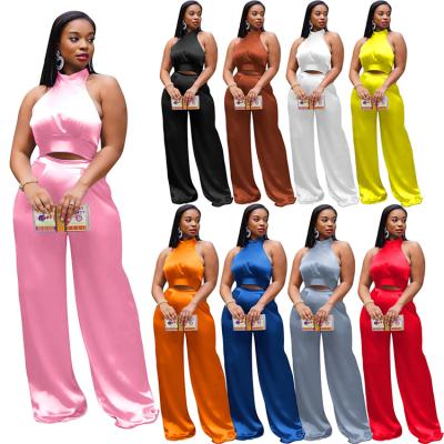 China Polyester 100% 2021 Solid Color Casual Halter Fashion Women Top Outfits Loose Pants Two Piece Set for sale