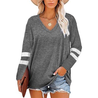 China Autumn viable 2021 European and American women's jacket solid color V-neck long sleeve loose T-shirt for sale