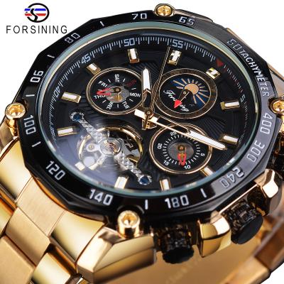 China Tourbillon Forsining Gold Automatic Men Watches Tourbillon Mechanical Self-winding Calendar Moonphase Steel Band Male Clock Reloj Hombre for sale