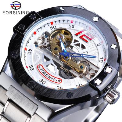 China New Tourbillon Forsining Men's Watch Mens Watch Mechanical Sport Automatic Military Transparent Bridge Silver Band Stainless Steel Band Clock for sale