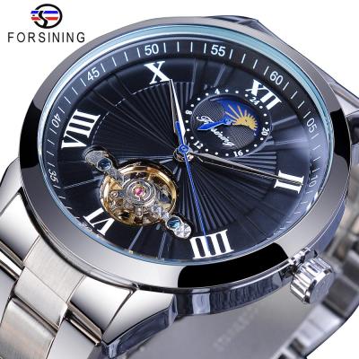 China Forsining Mens Moonphase Business Steel Band Black Automatic Clock Reloj Hombre Day/Date Classic Mechanical Brand Watch Tourbillon Watch Fashion for sale