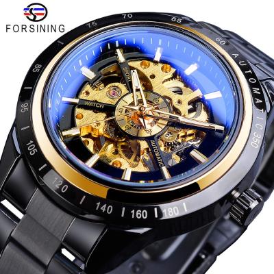 China Unique Forsining 2022 Day/Date Mens Automatic Mechanical Watch Steampunk Black Sport Watches Full Steel Band Wristwatch Relogio Masculino for sale