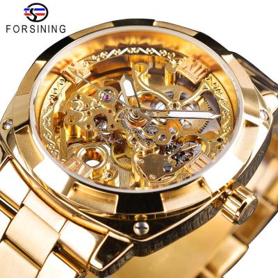 China Forsining Fashion Retro Transparent Men's Skeleton Clock Day/Date Watch Brand Automatic Mechanical Superior Luxury Gold Luminous Hands Full for sale