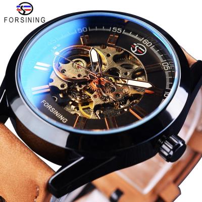 China Day/Date Forsining Glass Blue Light Men's Casual Sport Watch Leather Military Automatic Mechanical Skeleton Men Wristwatch Luminous Clock for sale