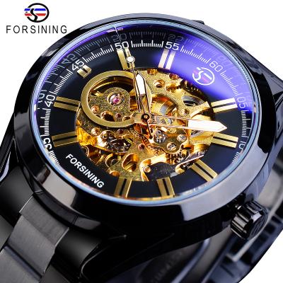 China Forsining Steampunk Automatic Mechanical Watch Mens Skeleton Black Stainless Steel Day/Date Belts Business Male Wristwatches Reloj Hombre for sale