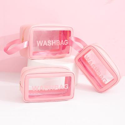 China Fashion Makeup Organizer Pink PU Tote Beauty Bag Transparent Travel Toiletry Bags Clear PVC Cosmetic Bag for sale