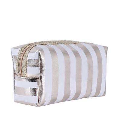 China 2021 New Style Custom PU Cosmetic Bag Easy Striped Waterproof Travel Toiletry Bag Pockets With Zipper Makeup Bag for sale