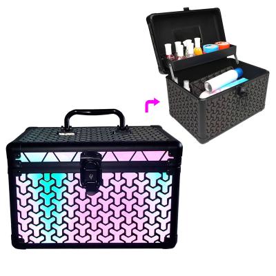 China Fashion Makeup Geometric Luminous Cosmetic Boxes With Mirror Carry Travel Cosmetic Case Organizer Makeup Box for sale