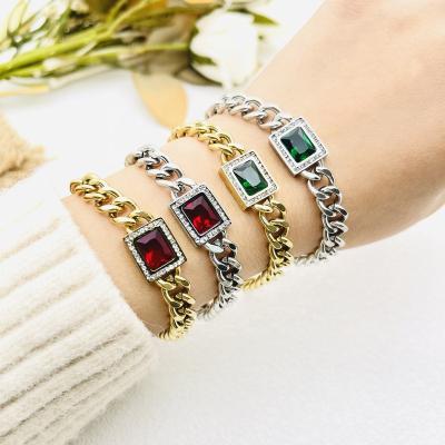 China CLASSIC Heavy Cuban Chain Bracelets Women Jewelry Bespread Crystal Zircon Stainless Steel Geometry Charm Bracelet for sale