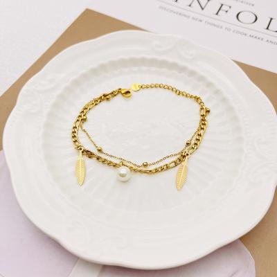 China Supplier Religious Color Preserving Leaf Chain Gold Bead Chain Jewelry Figaro Pearl Charm Pendant Bracelet for sale