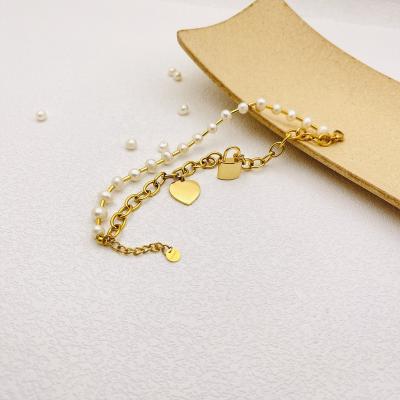 China TRENDY Fine Jewelry Pearl Chain Custom Lettering Heart Lock Charm 18k Gold Plated Stainless Steel Bracelet Women Gifts for sale