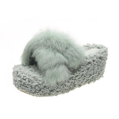 China New Fashion Trend Design Women Thick Plush Cross Strap Unique Slippers High Heels Wedge Platform Cotton Slippers Fashion Lambswool Fur Slippers for sale