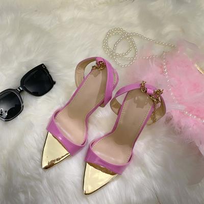 China Fashion Trend Sexy Women Stiletto High Heels Pink Chain Straps Ladies Shoes Ankle High Quality Buckled Pointed Toe Fashion Heeled Sandals for sale