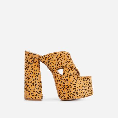 China Fashion Trend Ladies Sexy Leopard Suede Sandals Mules Block Chunky High Heels Peep Toe Slippers Summer Women Shoes Platform Heels Sandals for sale