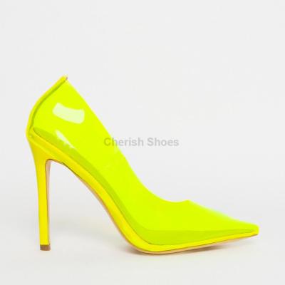 China Simple PVC Elegant Perspex Shoes Elegant Women High Heels Massage Toe Pumps Ladies Clear Laceless Neon Yellow Office Pumps Sandals for sale