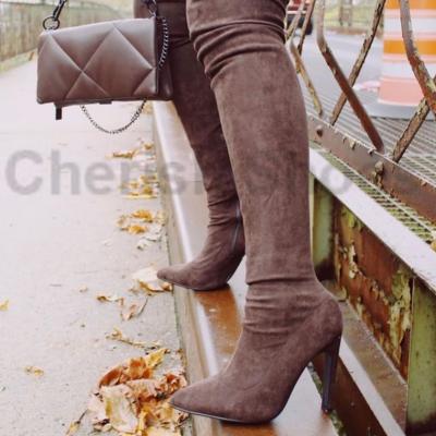 China Anti-odor newcomer inside zipper round toe suede over the middle winter women high heel stiletto knee high boots shoes high heel boots for sale