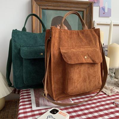 China Corduroy Women Vintage Handled Shopping Bags With Zipper Student Book Bag Corduroy Casual Handbags With Outside Pocket for sale