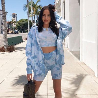 China Breathable Cotton Tie Dye Shorts Sets Long Sleeve Zipper Jacket Tie Dye Crop Top Bike Shorts Matching Set for sale