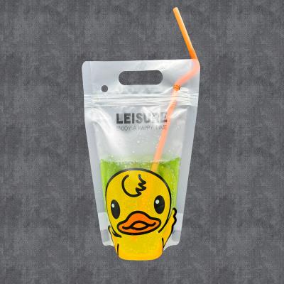 China Little Yellow Duck Design Gefrierbarer Saft Stehen Sie auf Trinkbeutel mit individuell eingewickelten Strohhalmen für Erwachsene und Kinder zu verkaufen