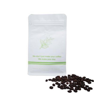 China Custom Printed 340 Grams 12oz Matte White Flat Bottom Coffee Bag With Valve Front Tear Off Ziplock for sale