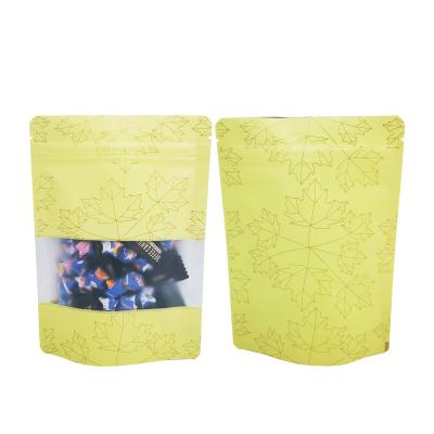 China Yellow Maple Leaf Design Foil Coated Smell Proof Stand Up Zipper Pouch Bags with Matte Clear Window for Food Packaging for sale